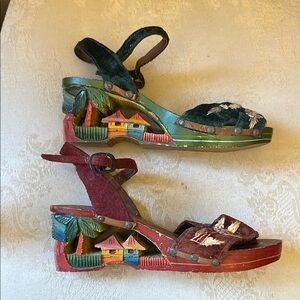 1940s WWII Philippines wood and leather hand carved, hand painted shoes